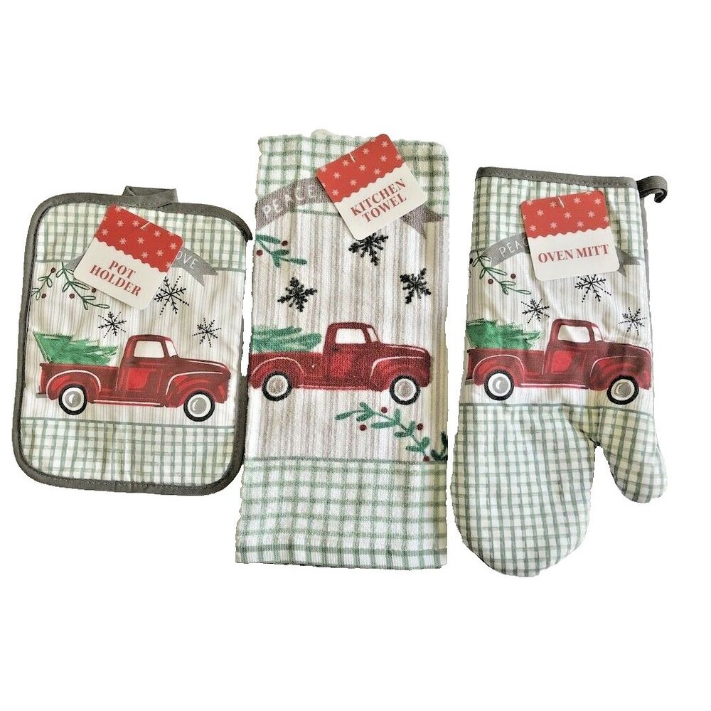 Christmas Tree Red Farm Truck Set of 3 Kitchen Dish Towel Oven Mitt Potholder